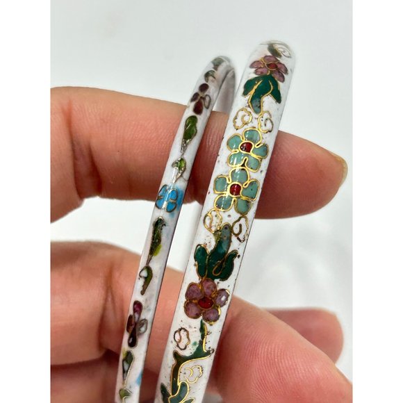 Vintage White Cloisonne Bracelets Set of 2 Oriental Flower Enamel Floral Bangles - Picture 7 of 7